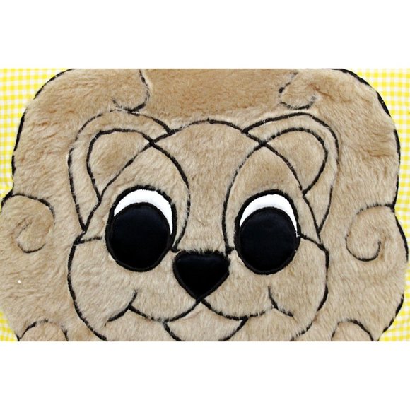 Vtg 70's 80's Hand Made Plaid Yellow Pillow Lion Face Brown Faux Fur Ruffle Trim - Picture 2 of 4